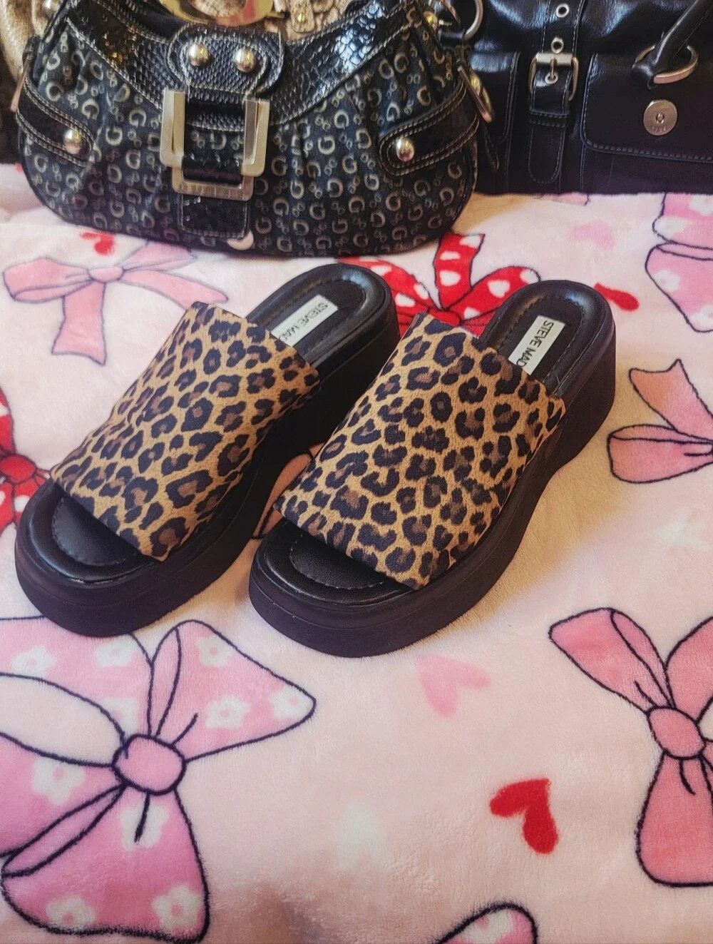 Y2k VTG Early 2000s Steve Madden Leopard Platform Slides Slip On Size 6